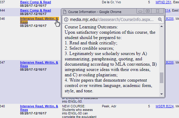 Course learning outcomes are available as part of the course description hyperlinked from each course name in the class search applicaiton.