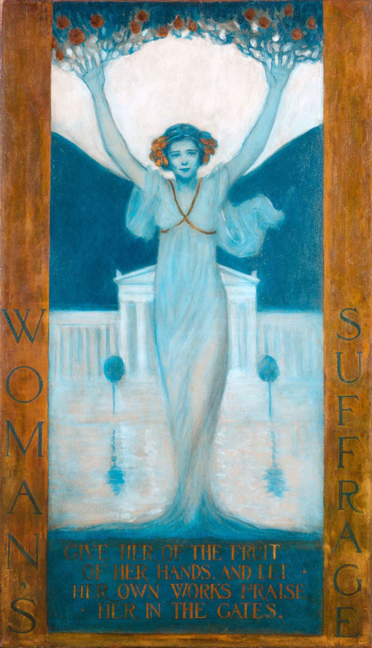 Womens Suffrage Poster - a woman clad in white robes stands in front of a neoclassical style building. Branches and fruit sprout from her outstretched hands. Words inscribed below her say "Give her the fruit of her hands, and let her own works praise her in the gates."