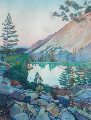 Dan Peterson's watercolor painting, Timberline at Twilight depicts a pond, lined with evergreens at the foot of a mountain.