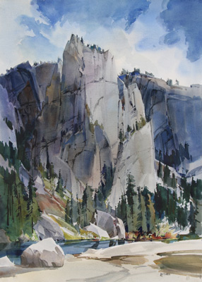 This watercolor landscape by Dale Laitinen depicts the mountains of Yosemite National Park beneith a blue sky